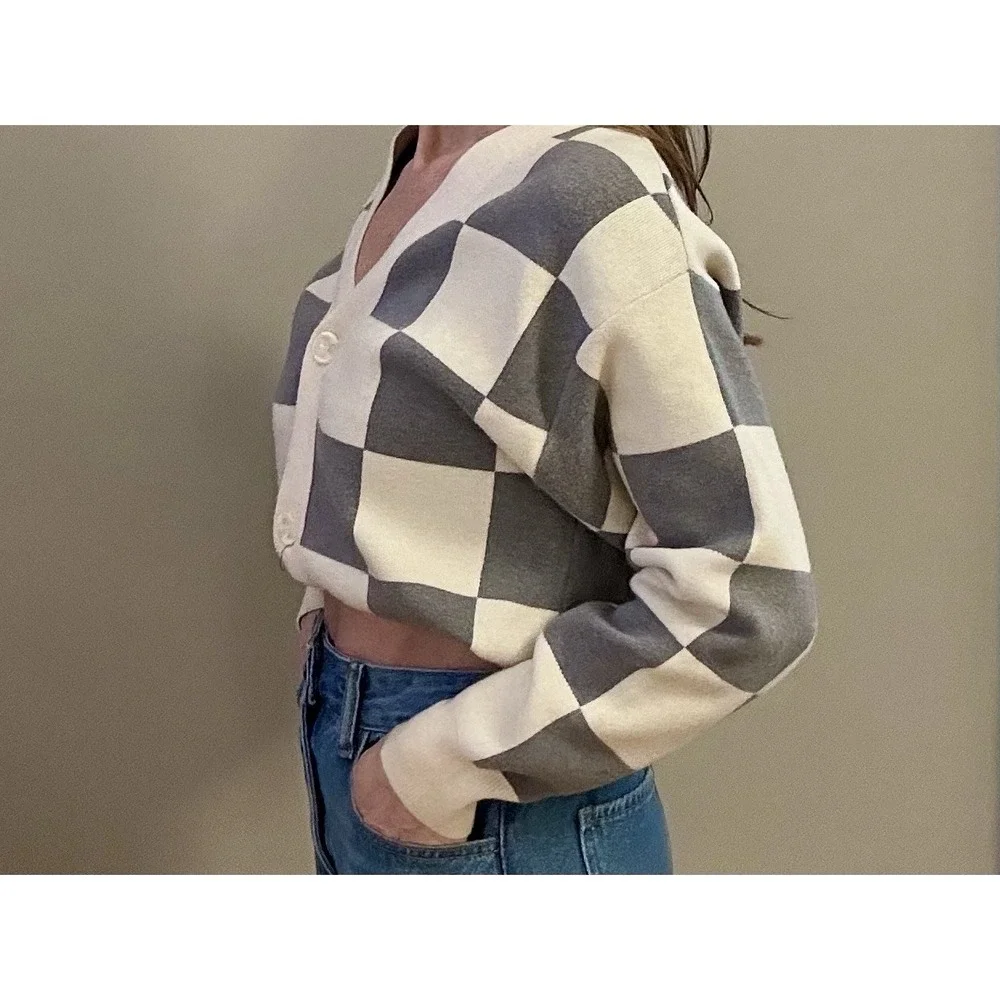 Willow‎ And Wind XS Checkered Cardigan Ivory/grey. Valentine's Girly Slay Crop - Picture 6 of 16